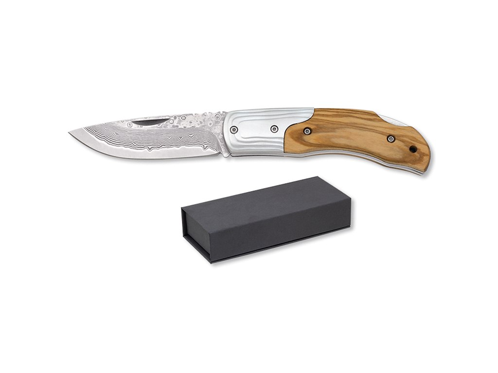 Fickkniv Damascus 67 lager 7,7cm Oliventr